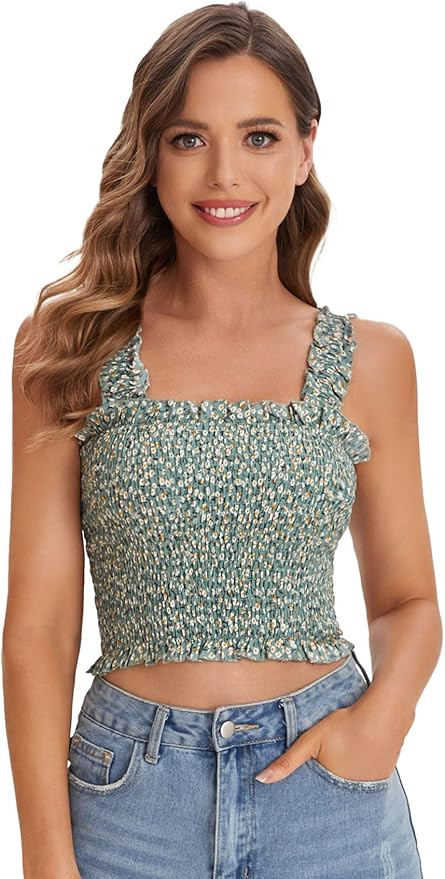 SheIn Women's Casual Frill Smocked Crop Cami Tank Shirred Strap Sleeveless Top | Amazon (US)