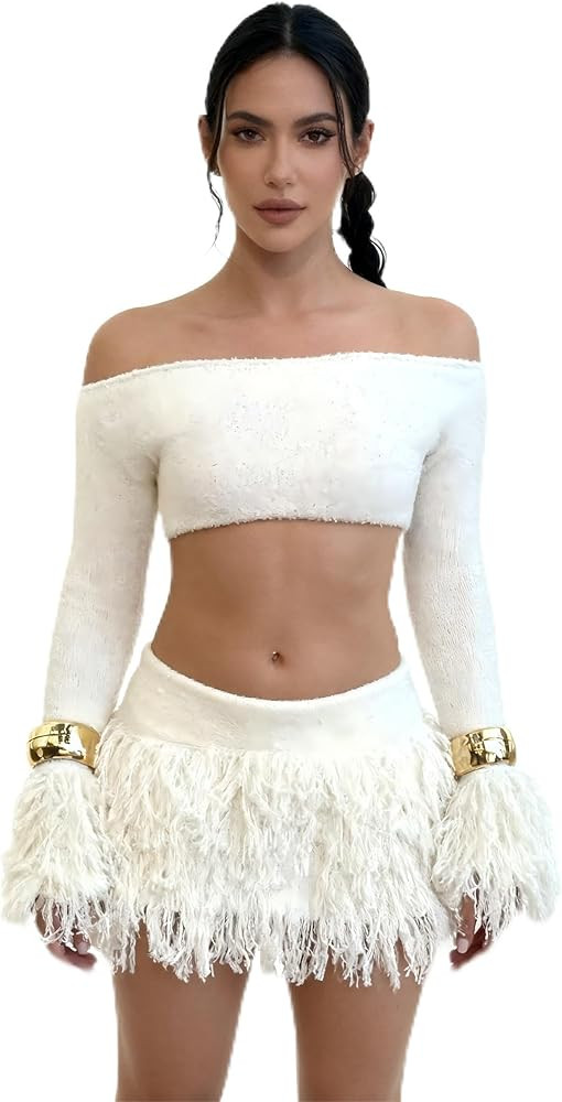 Women's Fuzzy Knit 2 Piece Skirt Set Off Shoulder Long Sleeve Crop Top and Mini Skirt Outfit Swea... | Amazon (US)