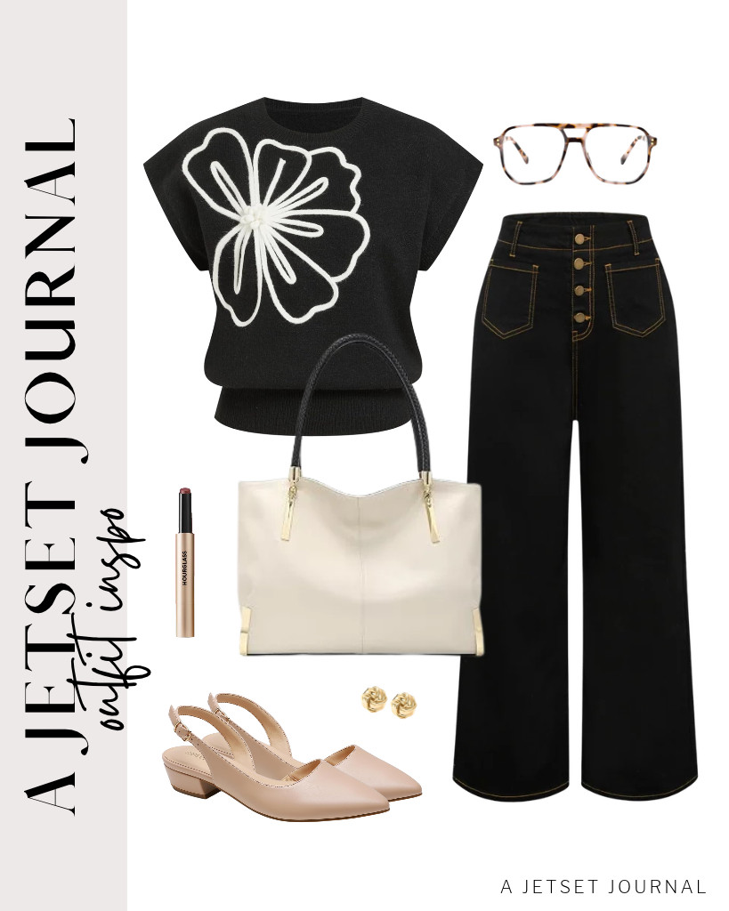 Have you tried this Hourglass Phantom Blur Blam? We are loving this beauty find, which is the perfect way to finish this outfit. Start with a black CIDER floral sweater vest, Belle Poque high-waisted wide-leg jeans, and DREAM PAIRS slingback flats. Remember to add these FEISEDY blue light-blocking glasses and FOXLOVER tote bag to this fit. 

 #LTKSeasonal #LTKSaleAlert #LTKTravel