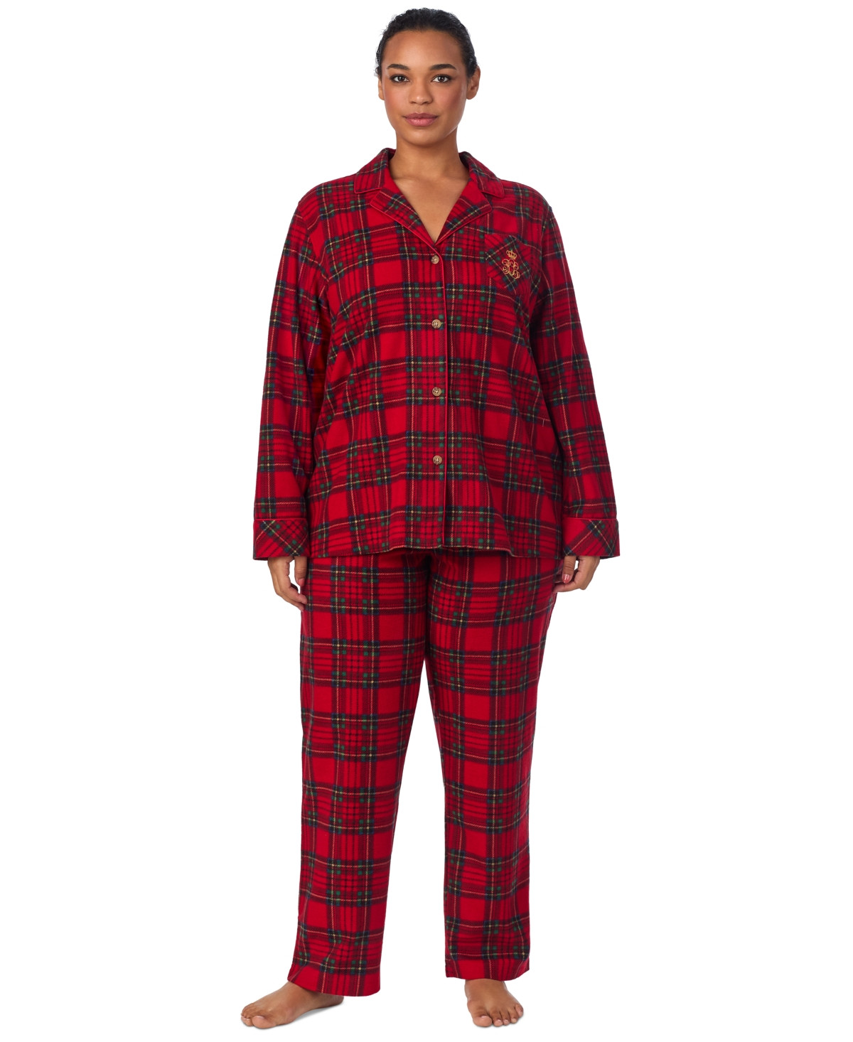 Lauren Ralph Lauren Plus Size Plaid Fleece Pajama Set - Red Plaid | Macy's