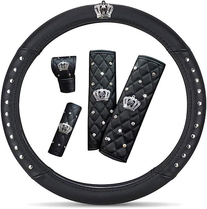 ALVAZA Leather Car Steering Wheel Cover with Bling Crystal Rhinestone Crown and Rivet for 15 Inch... | Amazon (US)