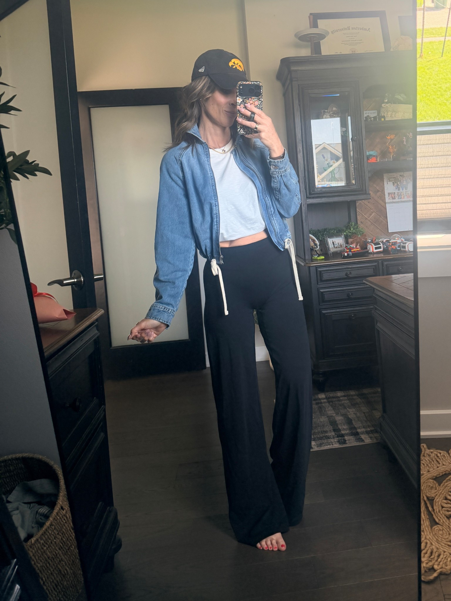 Okay, this outfit is going on repeat. New favorite high waist no front seam wide leg athletic pants (like leggings but wide leg!), amazing Walmart tee and the absolute cutest Jean bomber style cinch waist jacket! Love this with a Nike cap and sneakers.

#LTKActive #LTKOver40 #LTKSeasonal
