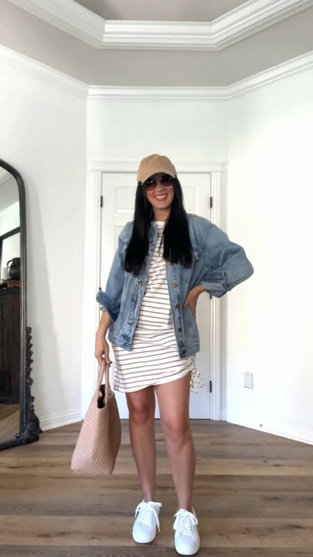 Easy casual weekend outfit!

Sizing:
T-shirt dress-roomy, in medium, maybe could have done small
Denim jacket-wearing small 
Tennies-TTS

Madewell jean jacket | trucker jacket | 24 ball cap | Sam Edelman all white fashion tennis shoes | initial necklace | rayban sunglasses | Amazon handbag 



#LTKstyletip #LTKunder50 #LTKFind