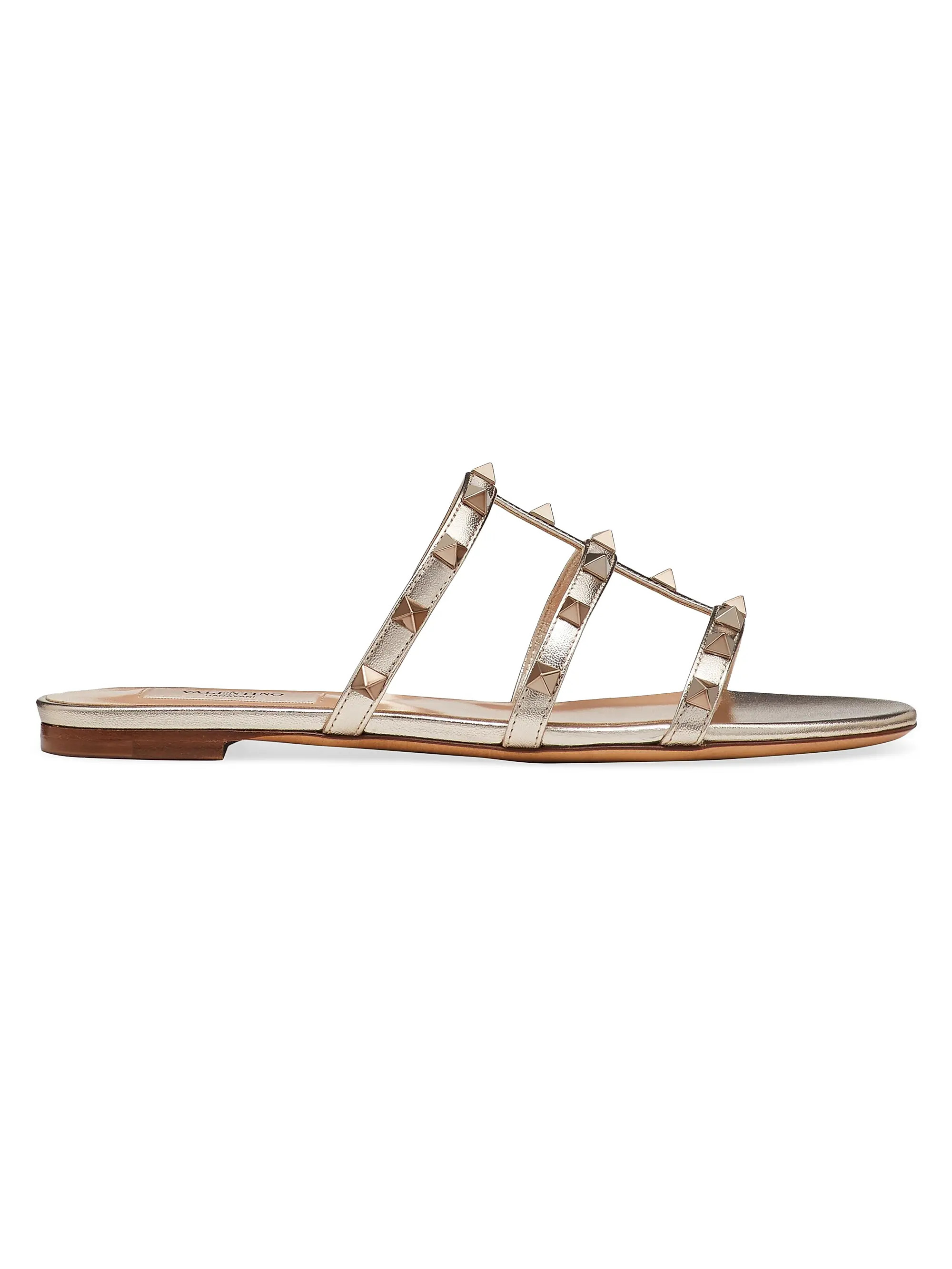 Valentino Garavani Rockstud Flat Metallic Nappa Slide Sandals | Saks Fifth Avenue | Saks Fifth Avenue