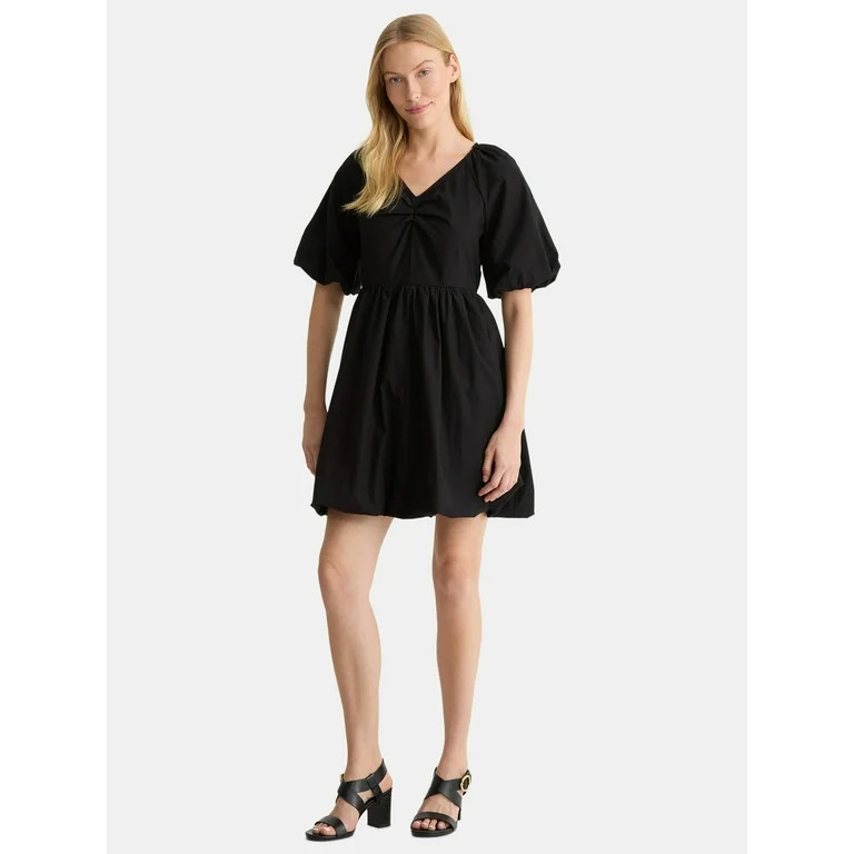 Time and Tru Women's and Women's Plus Cotton Bubble Hem Mini Dress with Puff Sleeves, Sizes XS-4X | Walmart (US)