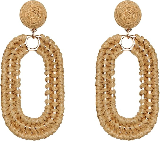 SELFWIMG Statement Raffia Earrings Boho Geometric Oval Drop Earrings for Summer Beach | Amazon (US)