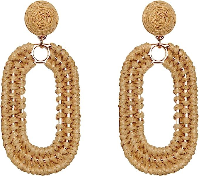 SELFWIMG Statement Raffia Earrings Boho Geometric Oval Drop Earrings for Summer Beach | Amazon (US)