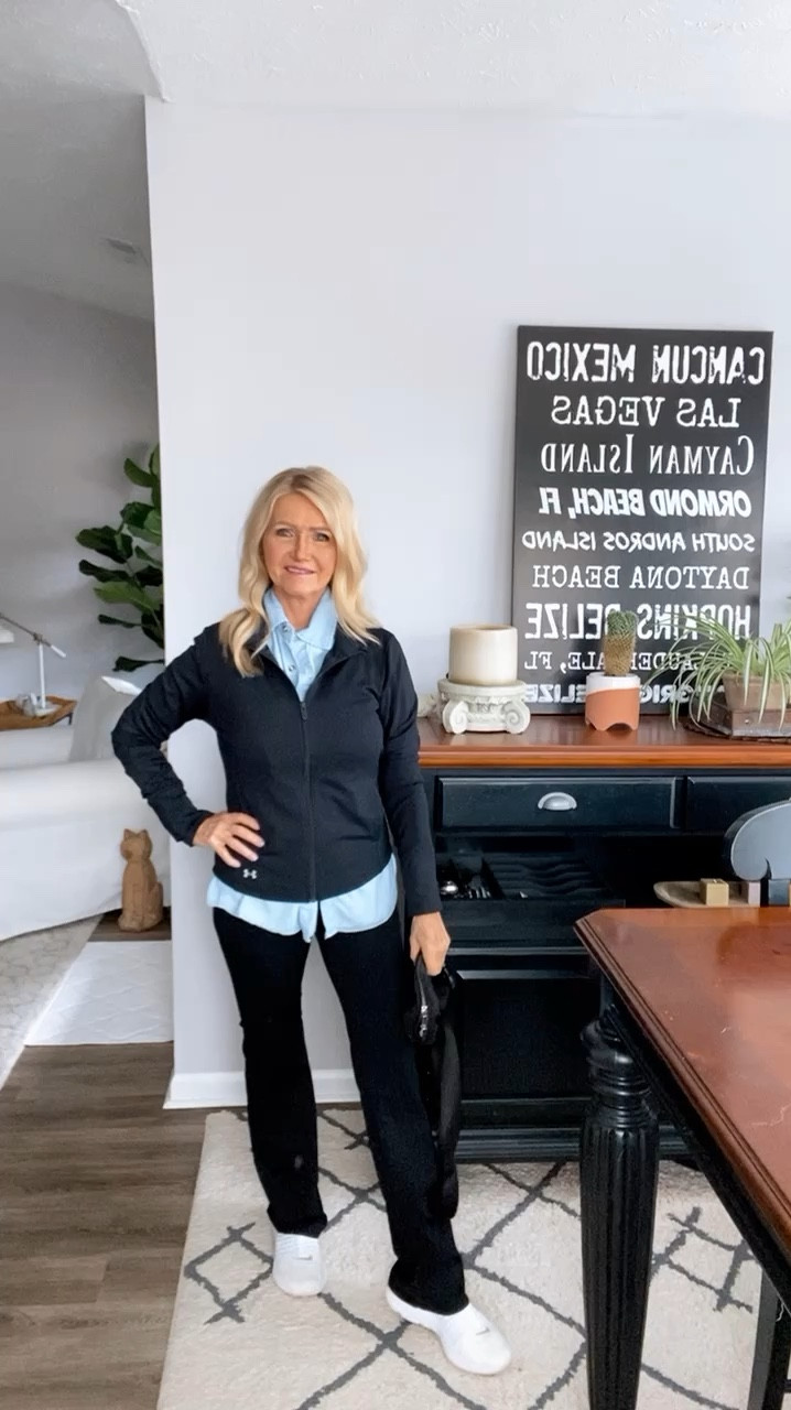 Daily outfit. Ready to go in minutes. Flare leggings/Chambray Shirt/Zip Jacket/Sneakers - Ready Set Go! 

#LTKStyleTip #LTKWorkwear #LTKSeasonal