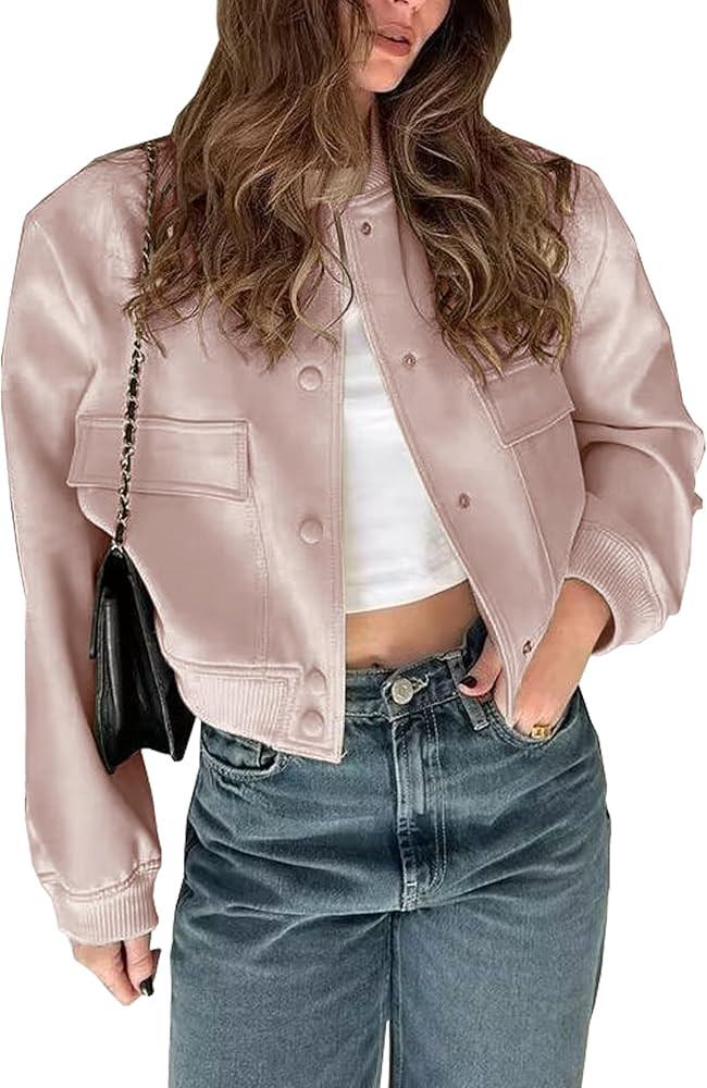 Womens Cropped Bomber Jacket Button Down Varsity Jackets Shackets with Pockets | Amazon (US)