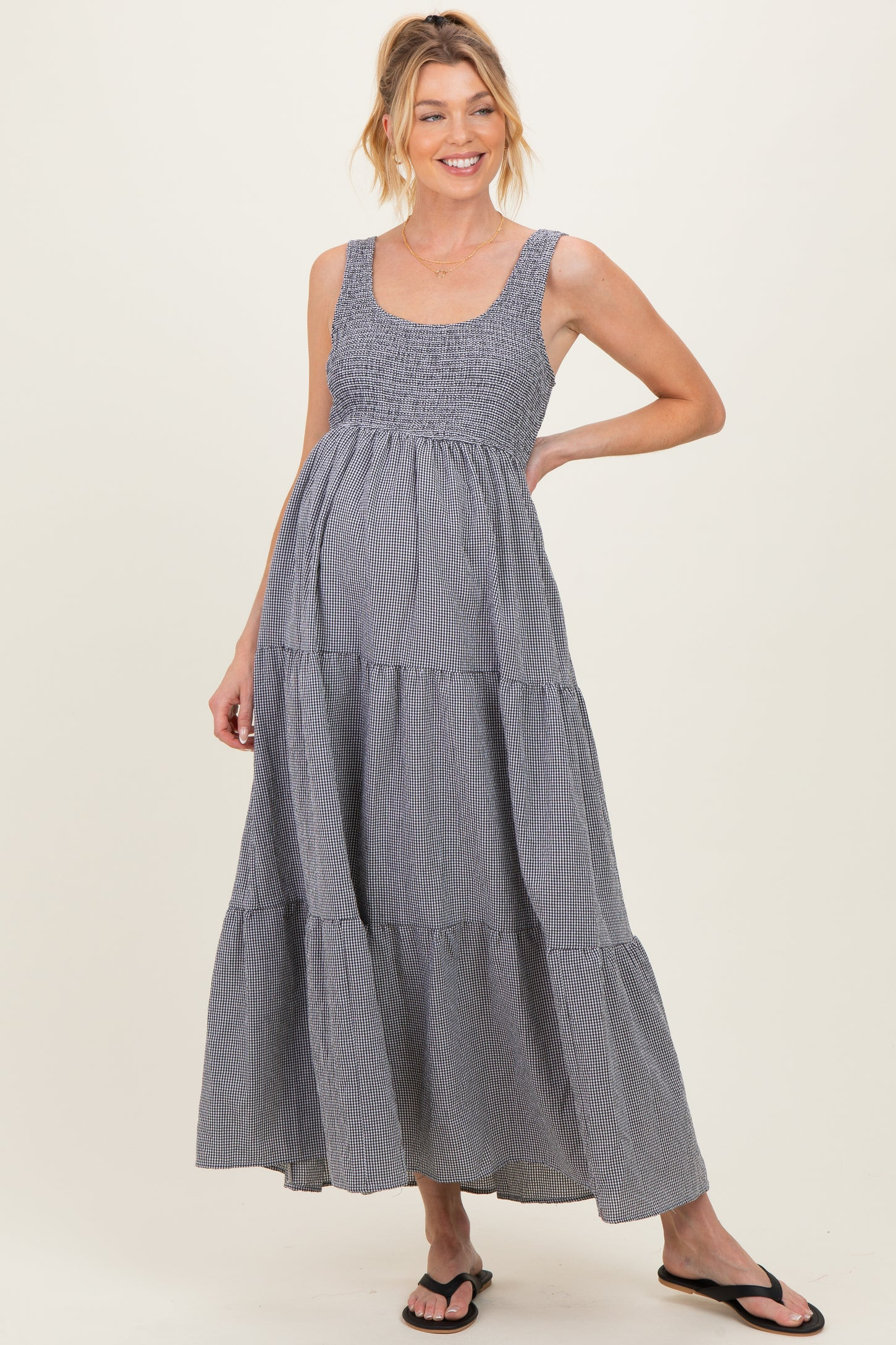 Black Gingham Smocked Bodice Maternity Maxi Dress | PinkBlush Maternity