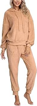 Womens Warm Sherpa Fleece Pajamas Set, Soft Fuzzy Long Sleeve Hoodies Pajama Pants Two Piece Outf... | Amazon (US)
