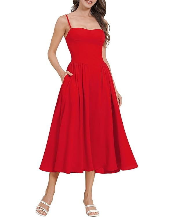 ODIZLI Womens Corset Dress Summer Sundress Spaghetti Straps Low Cut Bustier Cami Midi Dress with ... | Amazon (US)