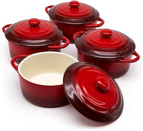 12oz Mini Cocotte, by Kook, Casserole Dish, Ceramic Make, Easy to Lift Lid, Crimson Red, Set of 4... | Amazon (US)