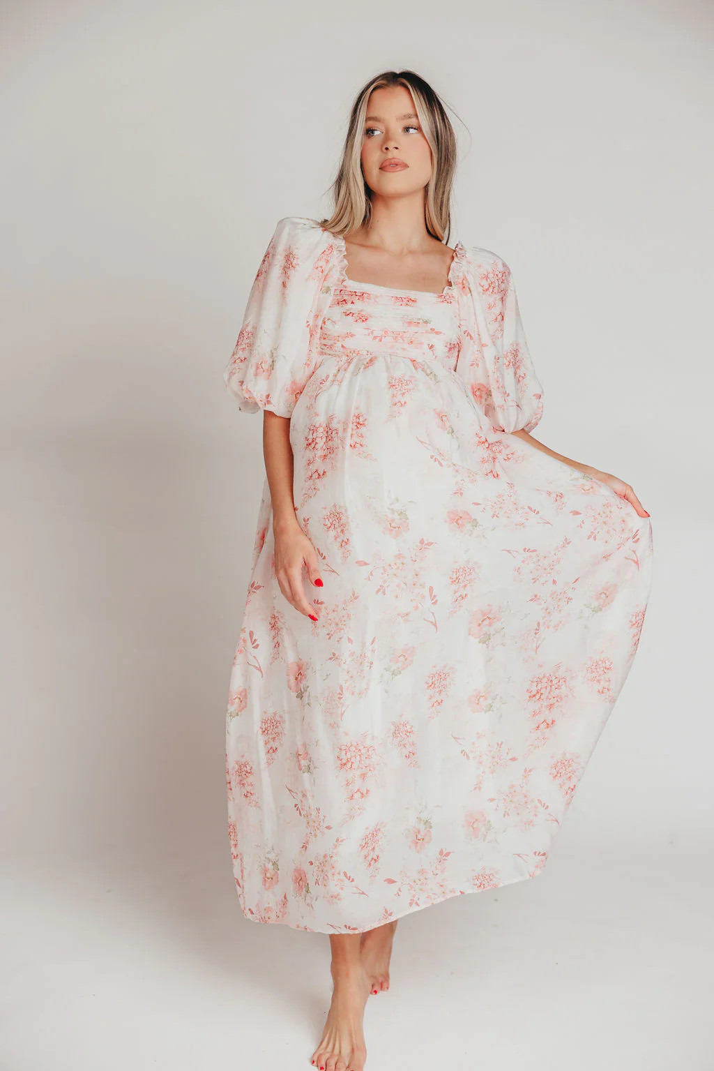 Melody Maxi Dress with Pleats and Bow Detail in Pink Floral - Bump Fri | Worth Collective