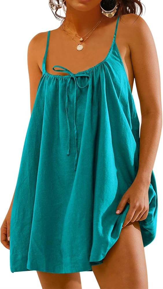 Fisoew Womens Spaghetti Strap Swimsuit Coverup Summer Linen Tie Backless Sleeveless Beach Cami Mi... | Amazon (US)