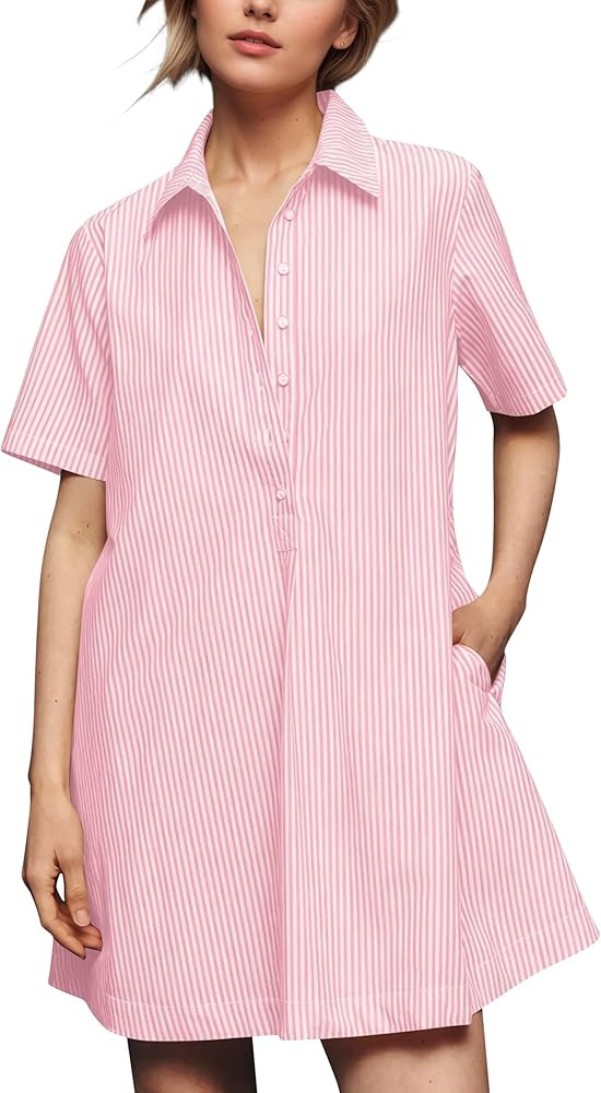 MSBESYOR Women's Striped Swing Mini Dress Casual Short Sleeve Button Up Collared Flowy Summer Tunic Dress with Pockets | Amazon (US)