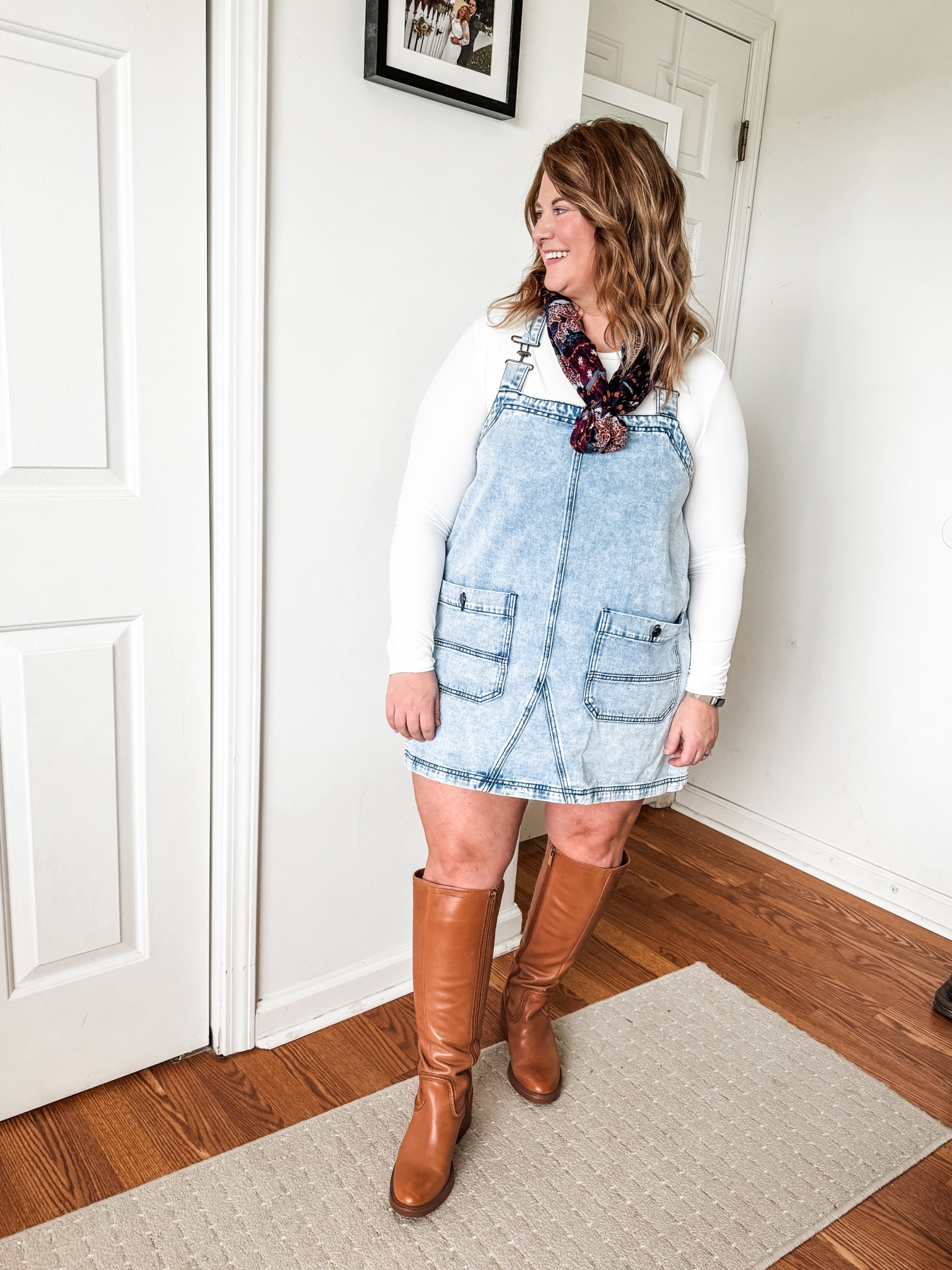 Fall outfit
Denim jumper outfit
Tall boots 
Scarf 

Scarf is older so I liked similar 

#LTKFindsUnder50 #LTKMidsize #LTKStyleTip