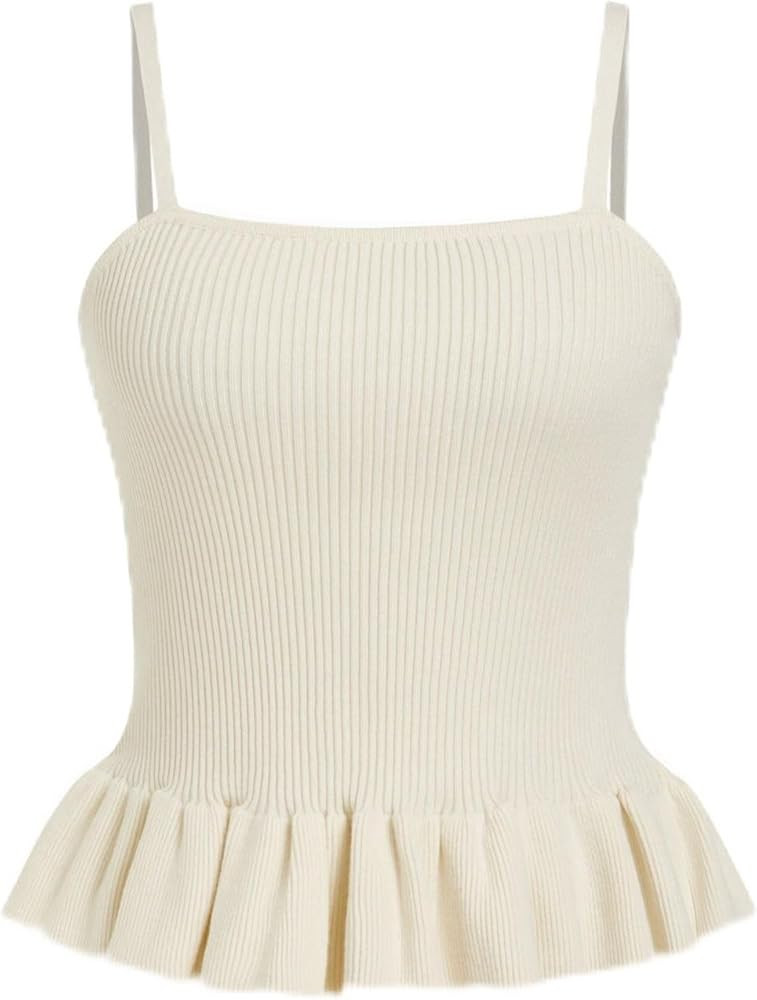 CIDER Striped Crop Tank Tops for Women Sleeveless Square Neck Ruffle Knit Peplum Tops Summer Vaca... | Amazon (US)