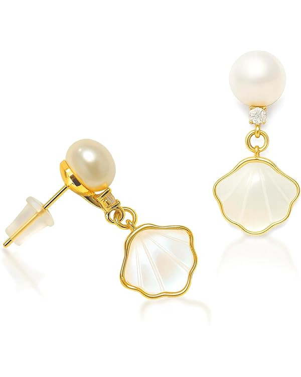 18K Mother of Pearl shell in Yellow Gold-Plated Earring, Seashell Stud Dangle Earring for Women D... | Amazon (US)