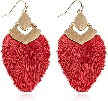 Bohemian Silky Thread Fan Fringe Tassel Statement Earrings - Lightweight Strand Feather Shape Dan... | Amazon (US)