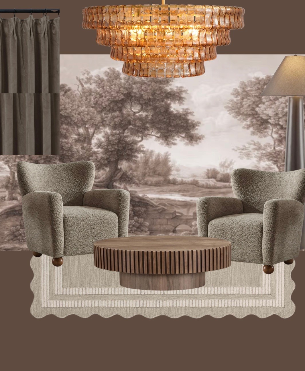 @Wayfair @twopagescurtains If you’re trying to create a cozy neutral living room, these are some of my favorite pieces that instantly elevate a space. I love mixing textured furniture, soft neutral rugs, statement lighting, and warm wood accents to create that modern cozy look that feels layered but still calm.

This living room setup includes a neutral upholstered club chair, oval wood coffee table, designer area rug, velvet curtains, and a statement crystal chandelier that instantly makes the room feel more custom and high-end. The forest mural wallpaper adds depth and a subtle moody element that works beautifully with warm neutrals and natural textures.

These pieces are perfect if you’re searching for:

• cozy living room furniture
• neutral living room decor
• Wayfair living room finds
• modern cozy interior design
• textured neutral rugs
• velvet curtain panels
• statement chandeliers for living rooms
• round / oval wood coffee tables
• upholstered accent chairs
• warm neutral home decor

Everything is linked here if you’re building a warm, layered, designer-style living room.
