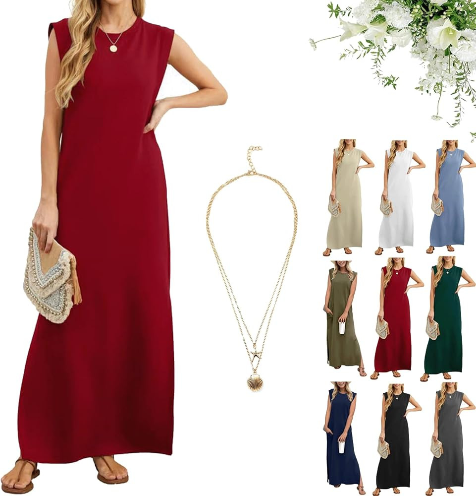 Women Summer Maxi Dress Casual Crewneck Loose Split Wrinkle-Free Long Dress with Pocket for Beach... | Amazon (US)