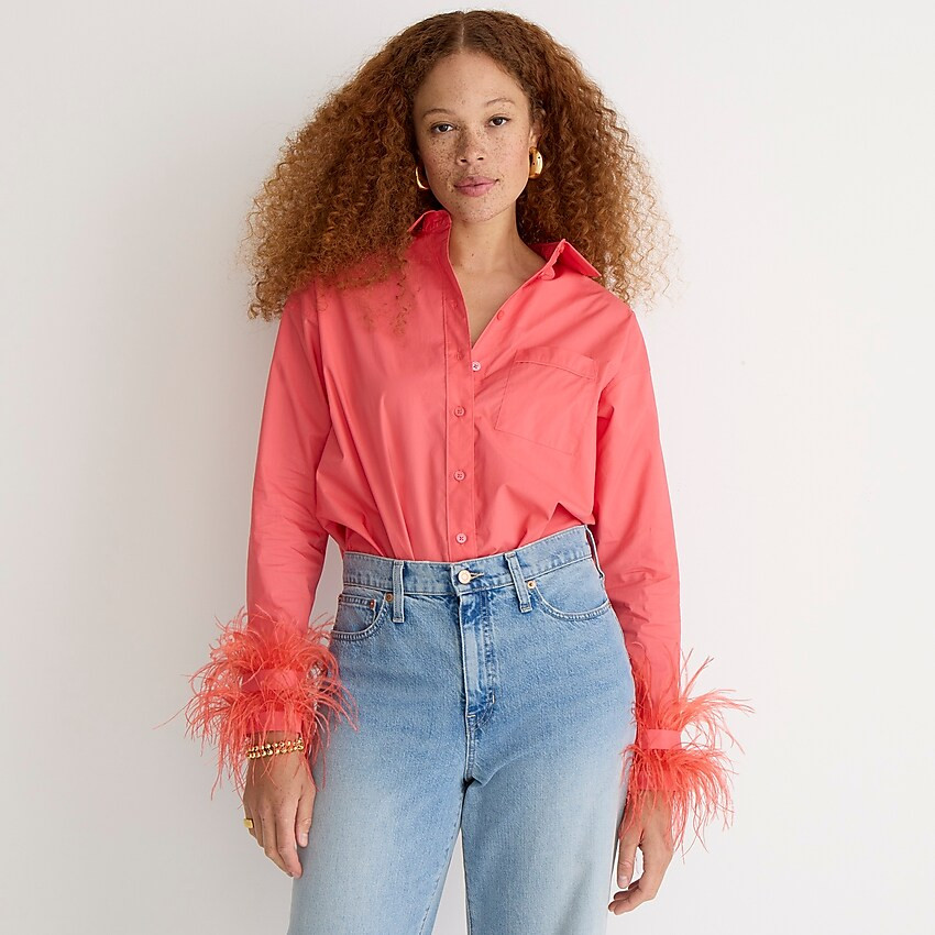 Faux-feather-trim cotton poplin button-up shirt with collar | J. Crew US
