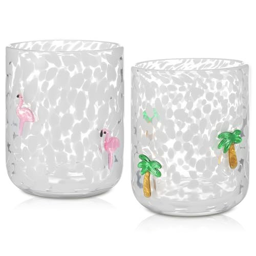 Skylety 2 Pcs Hawaii Icon Juice Rocks Glasses 14 oz Coconut Tree and Flamingo Icon Glass Cups Wine Stemless Double Old Fashioned Blown Cocktail Cups for Women Tropical Summer Holiday Party Gifts | Amazon (US)