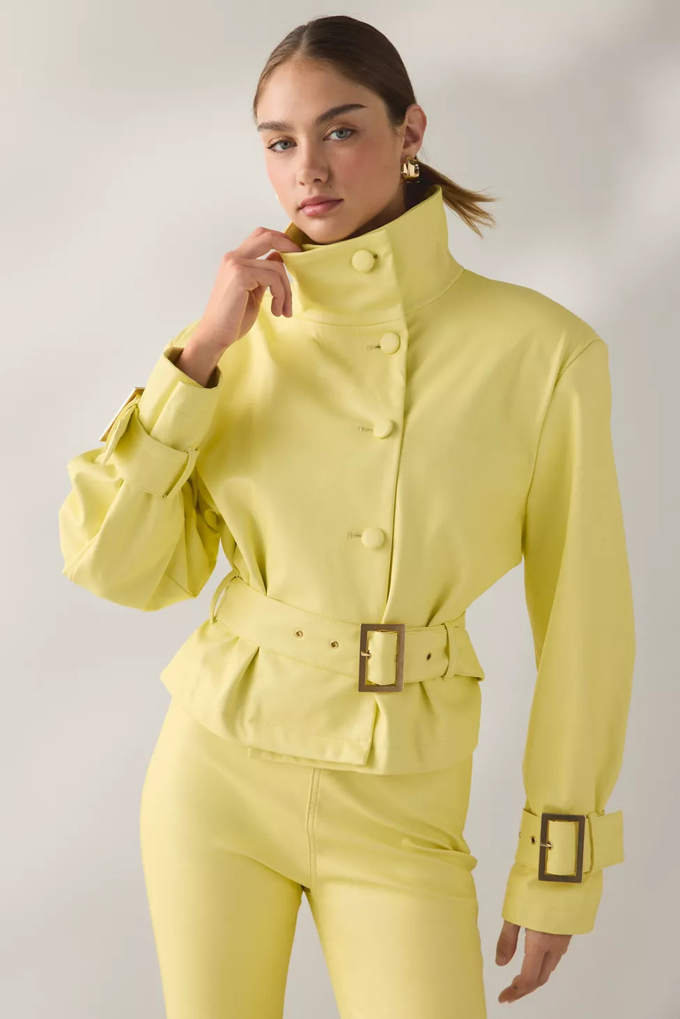 AFRM Scarlette Lemon Meringue Faux Leather Funnel Neck Jacket | Urban Outfitters (US and RoW)