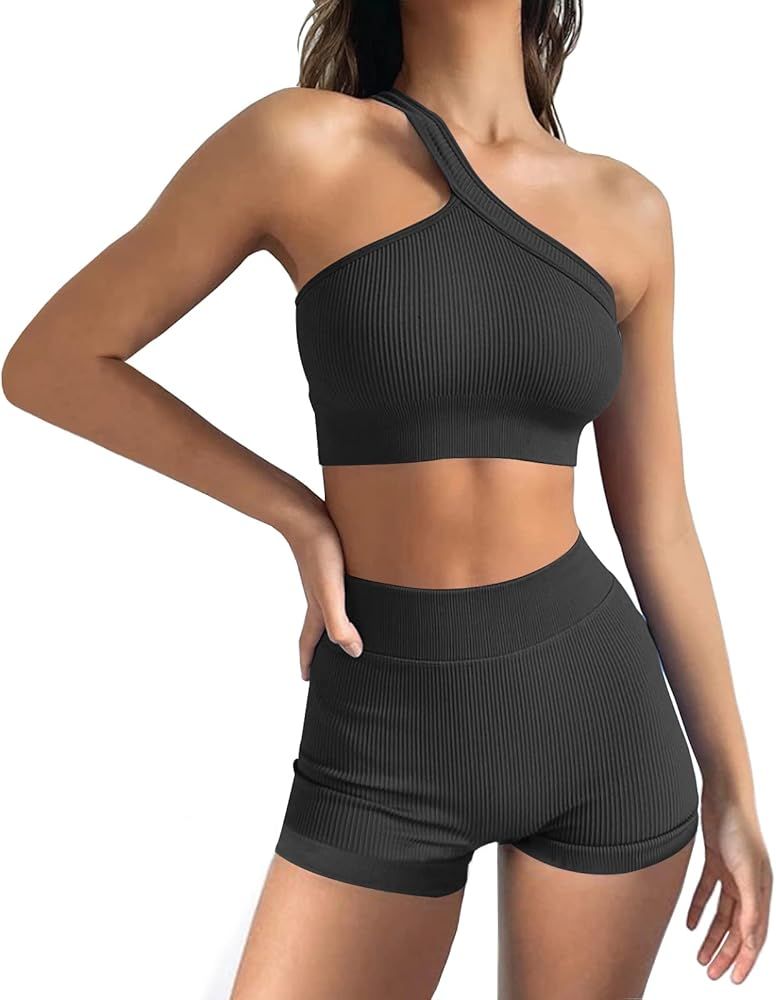 MATIRD Womens Workout Sets 2 Piece Yoga Outfits Seamless High Waist Shorts One Shoulder Sport Bra Se | Amazon (US)