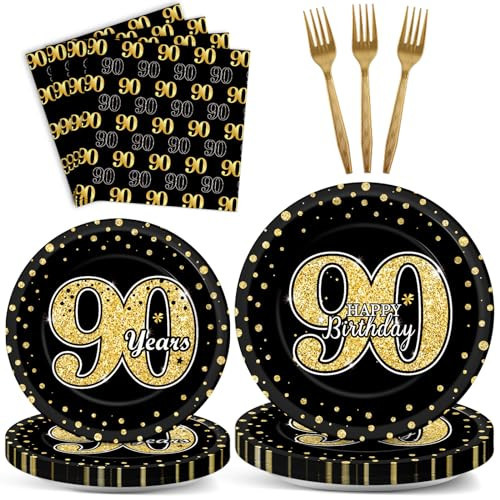 96 PCS 90th Theme Birthday Party Tableware Vintage 1933 Dinnerware Set 90 Year Old Birthday Party Decorations Plates Napkins Forks Black and Gold Party Supplies for Men or Women Serves 24 guests | Amazon (US)
