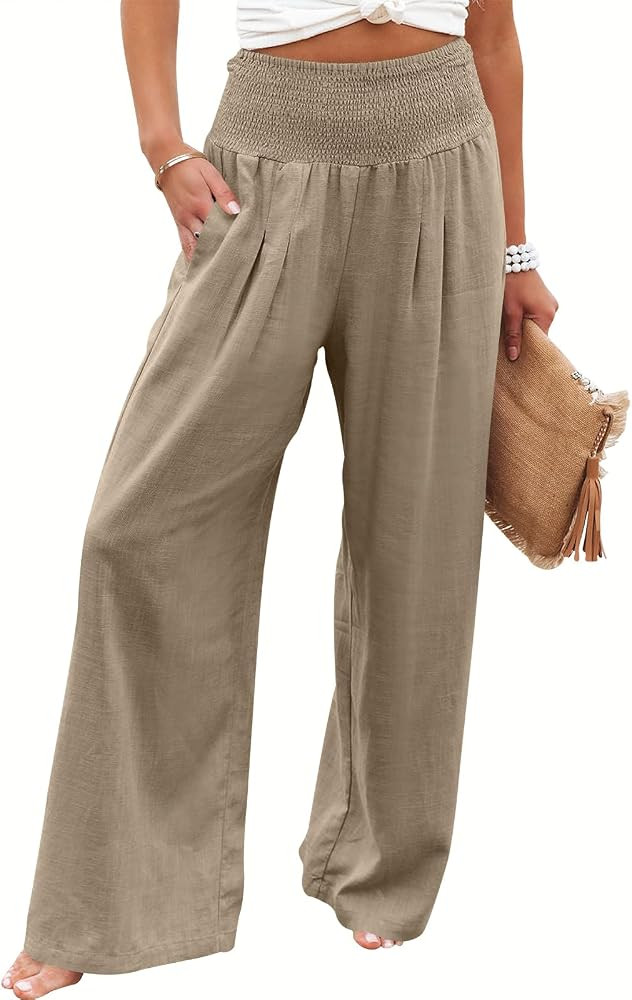 ANRABESS Women Linen Palazzo Pants Summer Boho Wide Leg High Waist Casual Lounge Pant 2025 Beach ... | Amazon (US)