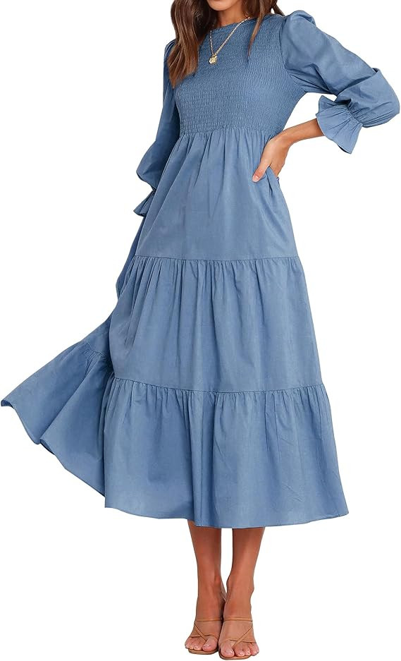 BTFBM Women Casual Long Sleeve Crew Neck Fall Dress Bohemian Relaxed Fit Floral Flowy Maxi Dresse... | Amazon (US)