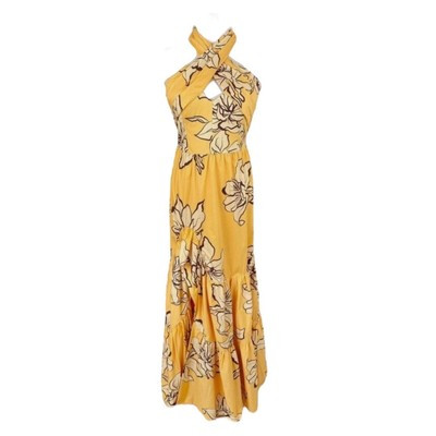 Anthropologie Hutch Yellow Floral Halter Side Slit Tiered Skirt Maxi Dress | eBay US