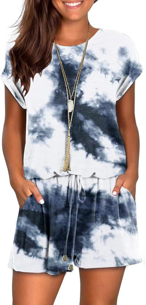 Womens Summer Cute Front Tie Short Jumpsuits Rompers with Pockets | Amazon (US)