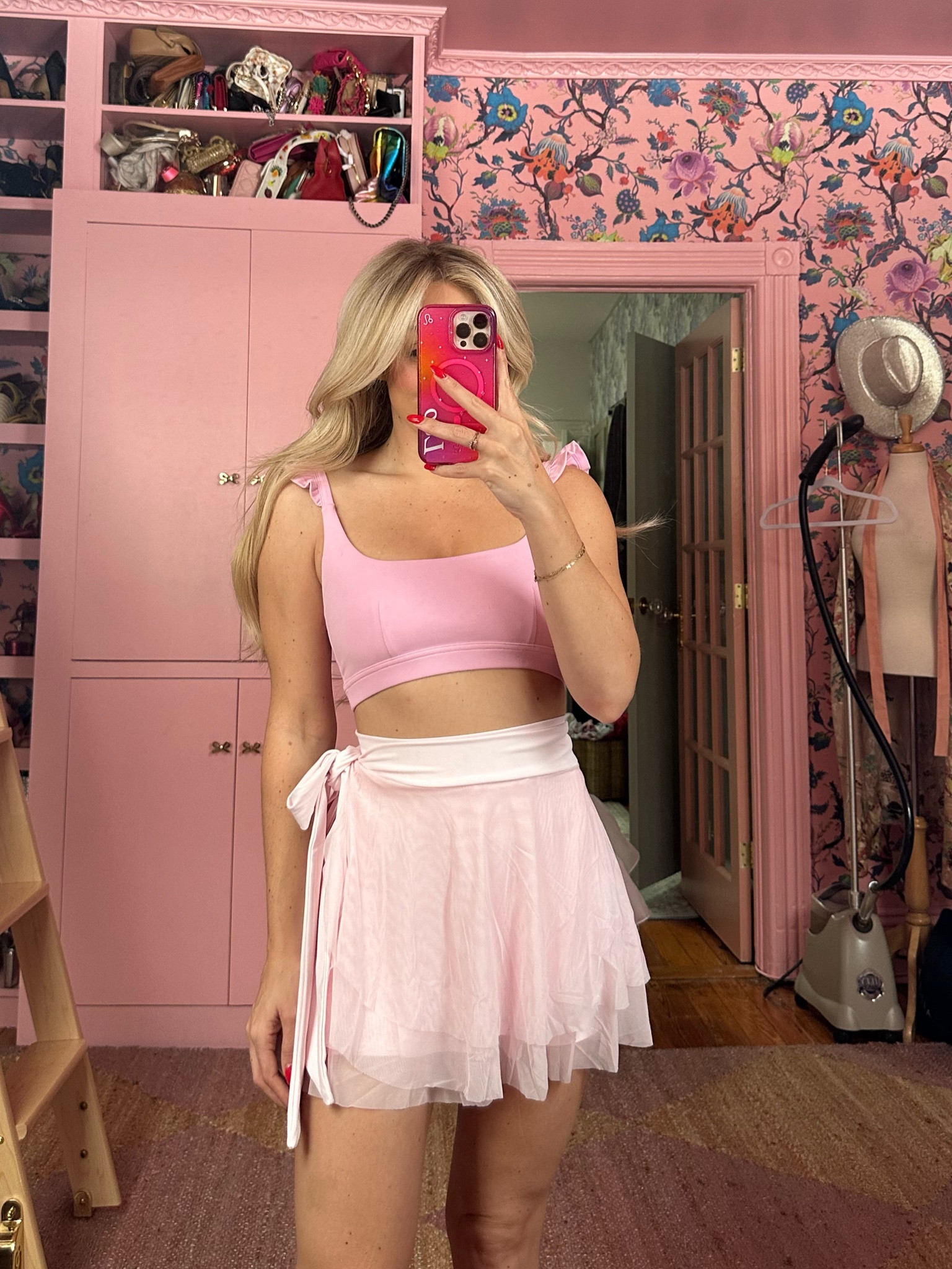 Popflex workout set cute fitness girly outfit ruffle bra petal pink ballet wrap skirt skort with shorts wearing size small in both TTS

#LTKfindsunder50 #LTKfindsunder100 #LTKfitness