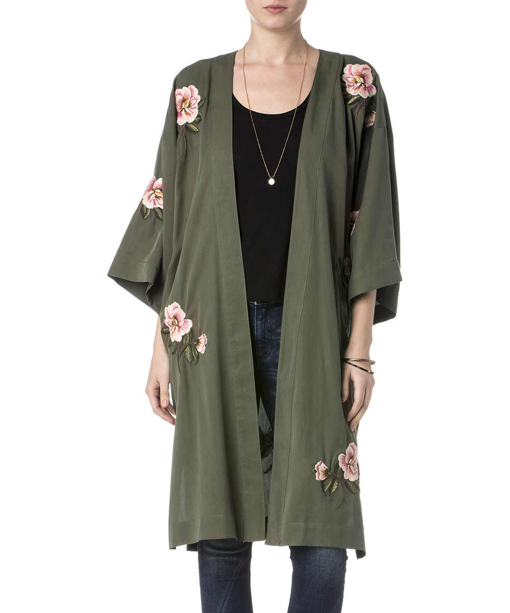 Miss Me Women's Cardigans OLIVE - Olive Green Floral Duster - Women | Zulily