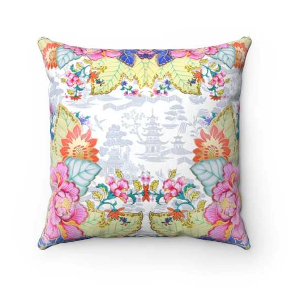 Tobacco Leaf & Blue Willow Chinoiserie Throw Pillow Cover | Etsy (US)