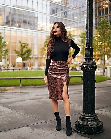 negin mirsalehi high waisted snakeskin print vegan leather pencil skirt | Express