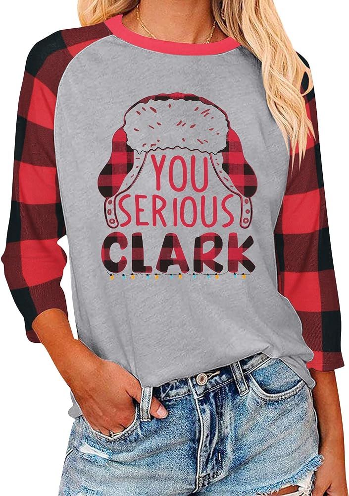 NANYUAYA Christmas Shirts for Women You Serious Clark Santa Hat Graphic Tshirt 3/4 Raglan Sleeve Bas | Amazon (US)