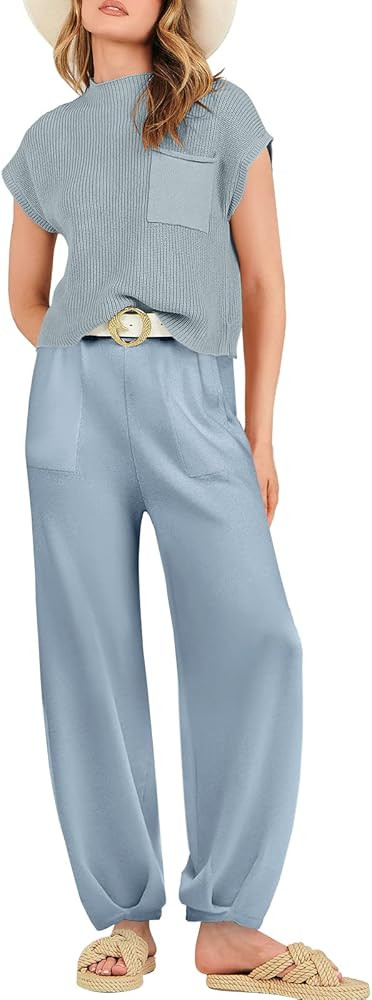 ANRABESS Women's Two Piece Outfits Sweater Sets Knit Pullover Tops and High Waisted Pants Tracksu... | Amazon (US)