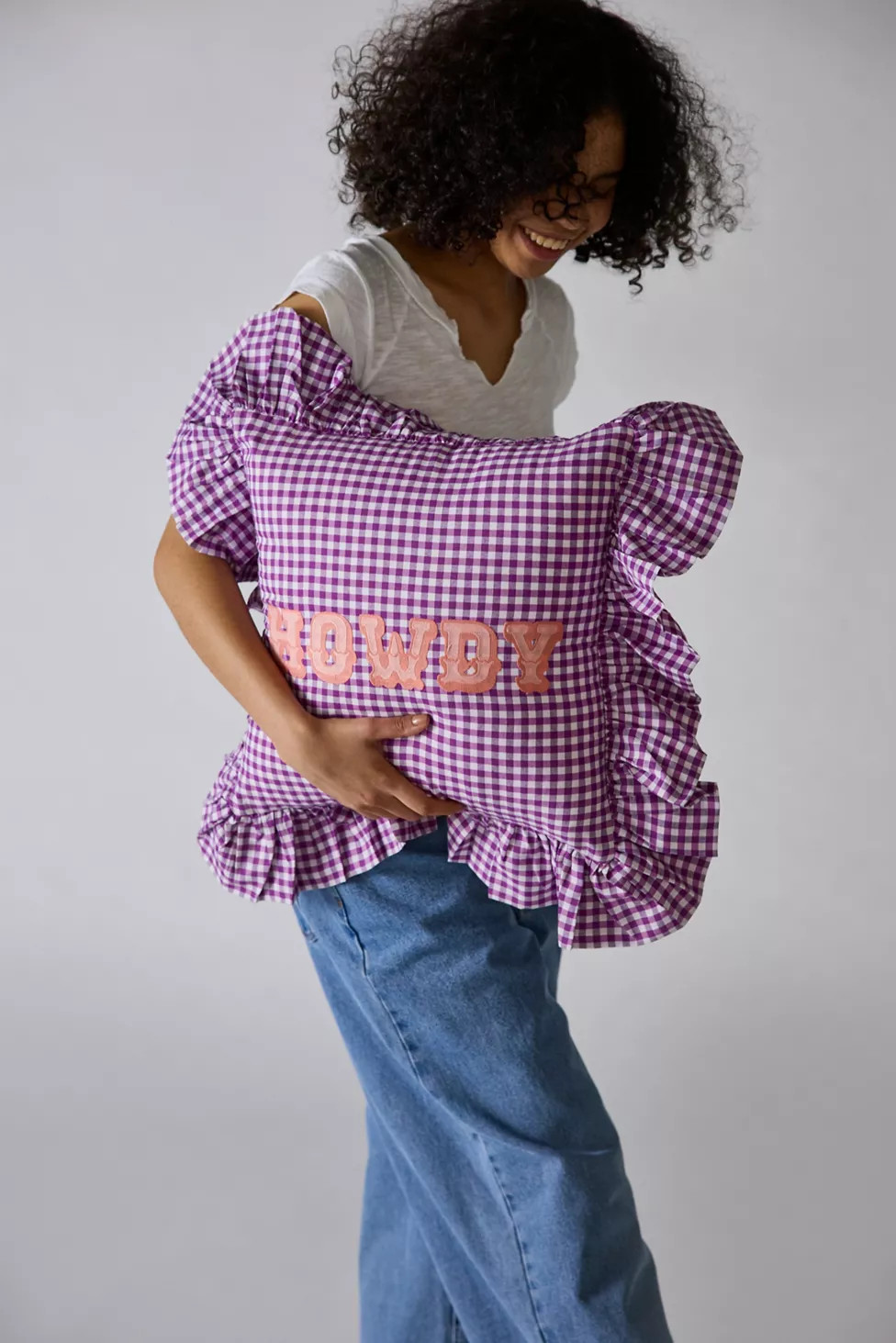 Gingham Howdy Slogan Text Ruffle Throw Pillow | Urban Outfitters (US and RoW)