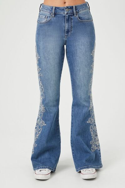 Embroidered High-Rise Flare Jeans | Forever 21