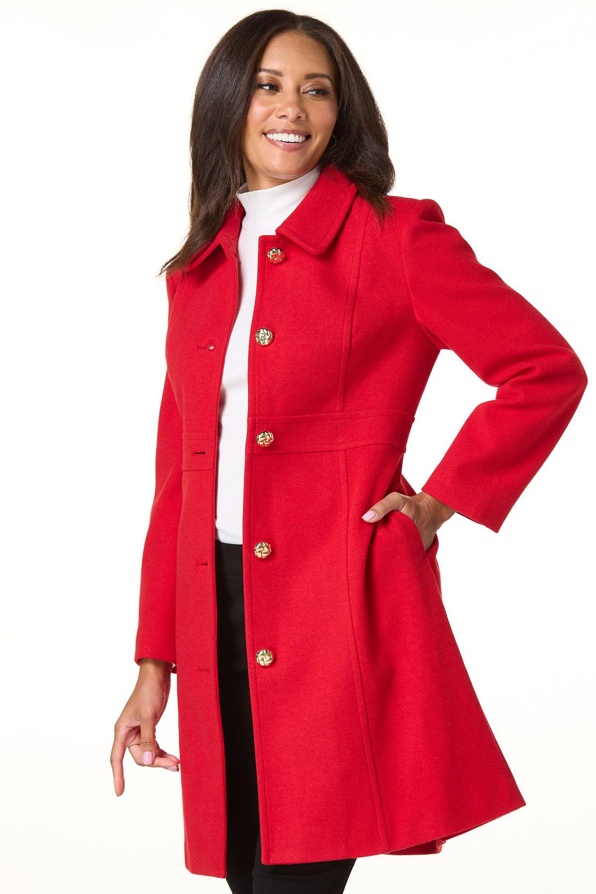 Gold Button Long Red Coat | Cato Fashions