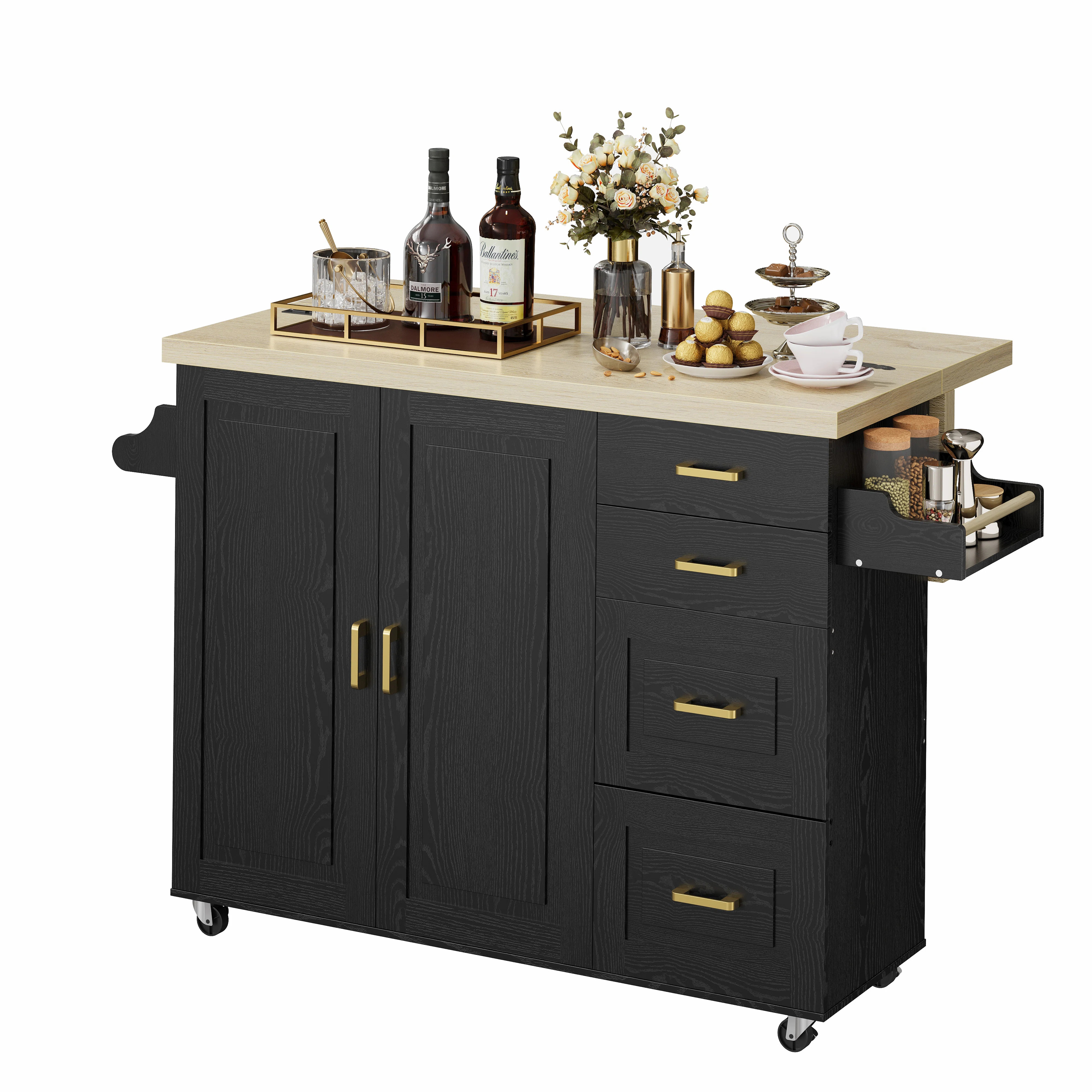59.4" W Rolling Kitchen Island Cart With Drop Leaf, On Wheels, 2 Door Storage Cabinet, 4 Drawer, ... | Wayfair North America