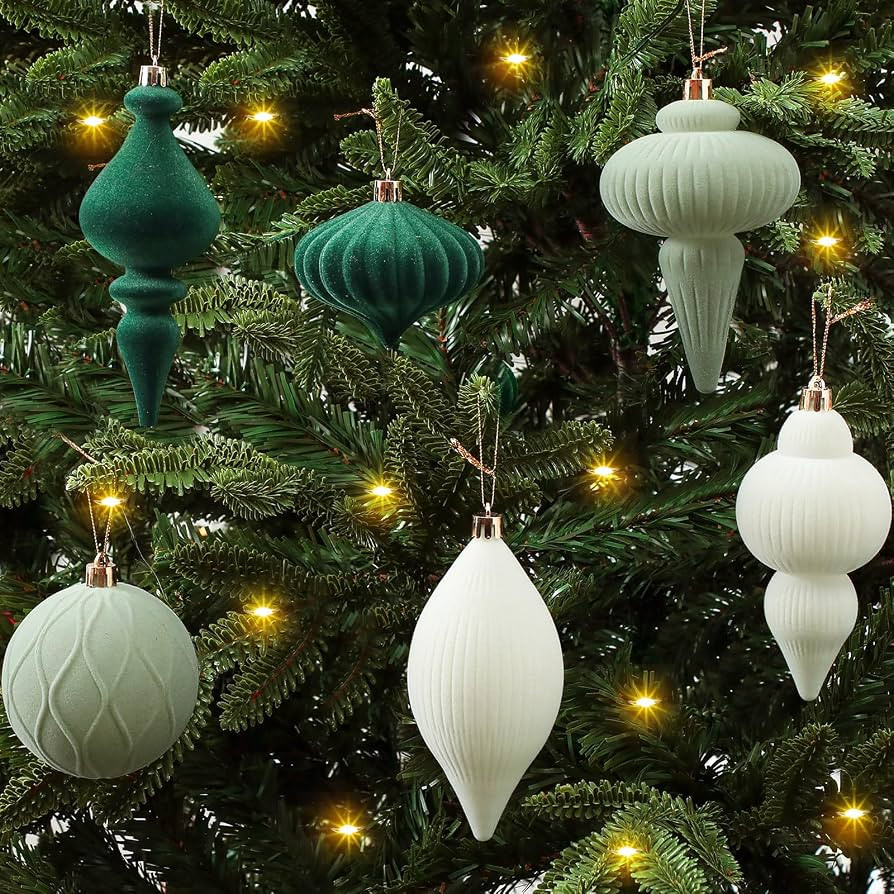 Syhood 6 Pcs Green Velvet Ornaments for Christmas Tree Flocked Matte Shatterproof Finials Christm... | Amazon (US)
