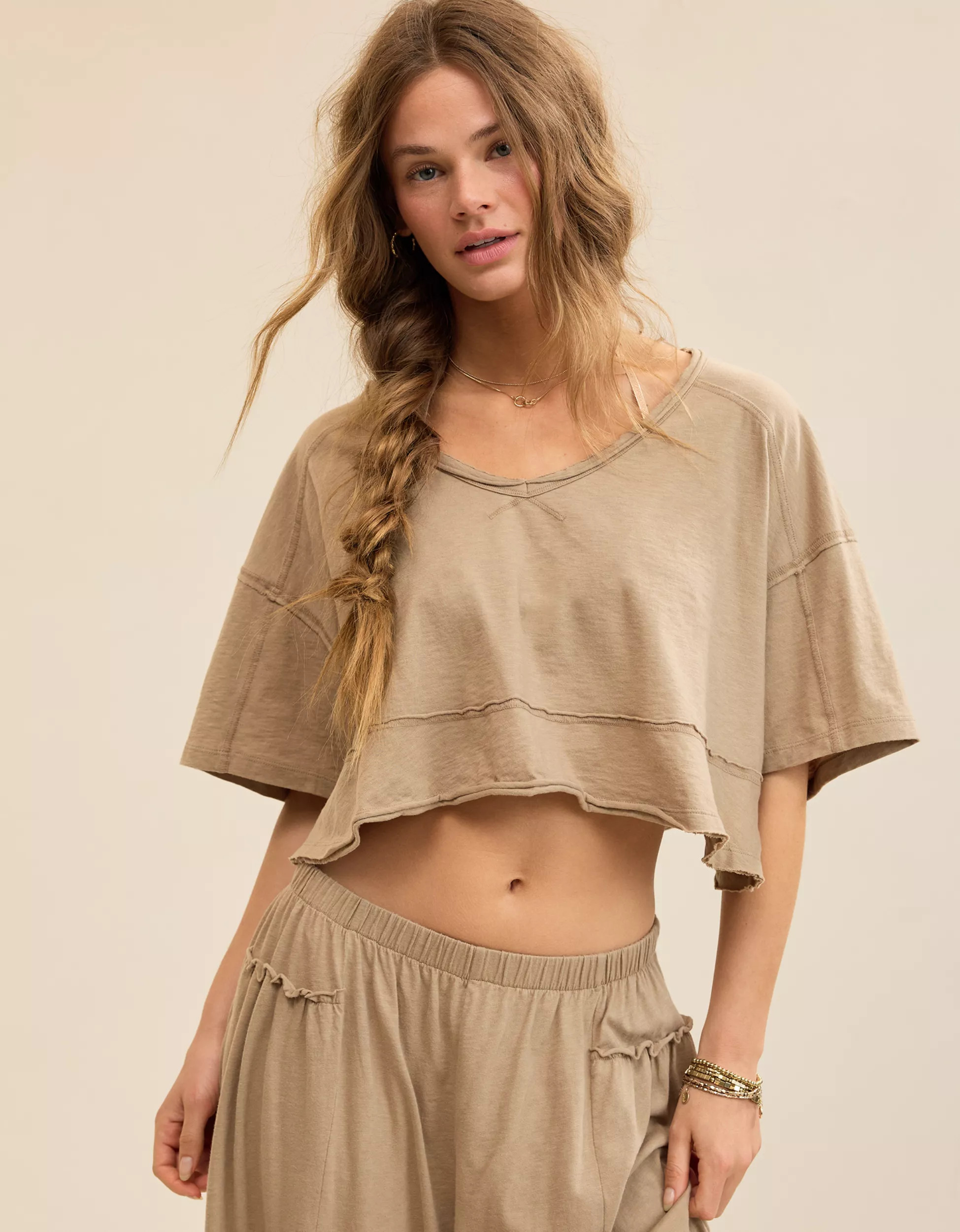 Aerie Happiest Cropped V Neck T-Shirt | Aerie