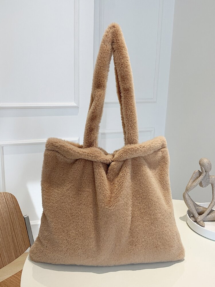 Fluffy Snap Button Shoulder Tote Bag | SHEIN