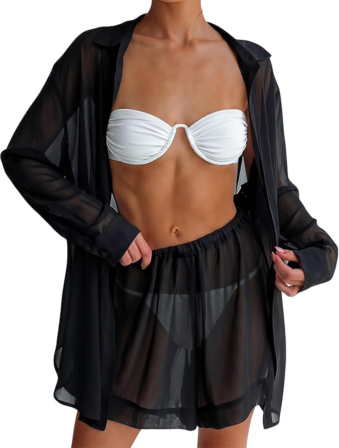 Sheer Cover Ups Set for Women Swimsuit Coverup with Shorts See Through 2 Piece Outfit Summer | Amazon (US)