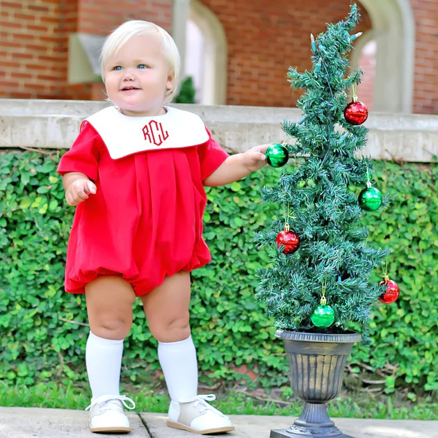 Red Corduroy Bib Boy Bubble | Classic Whimsy